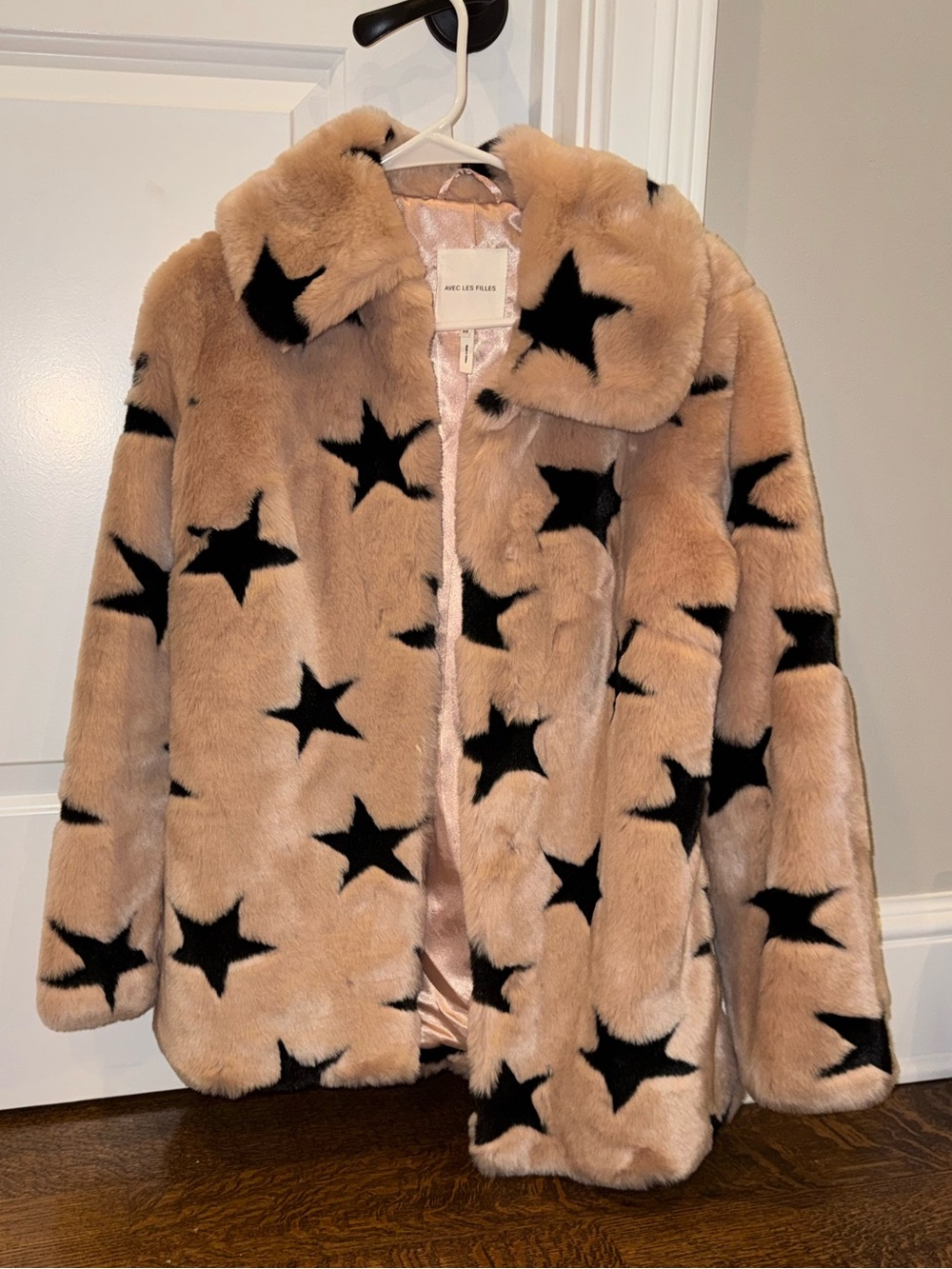 Avec Les Filles Light Pink Faux Fur Pea Coat with Star Print